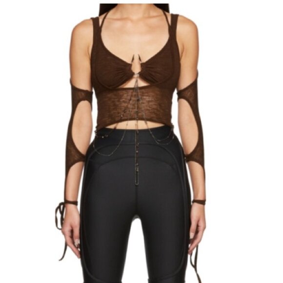 HYEIN SEO SSENSE Brown Macrame Cut Out Long Sleeve Beaded Tie Long Sleeve Top - Picture 1 of 7